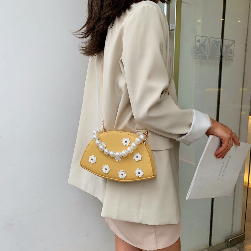 Pu Lederen Bloem Patchwork Tas Solid Casual Zoete Parel Handtas Met Ketting Vrouwen Portemonnee Schoudertas Party Pouch
