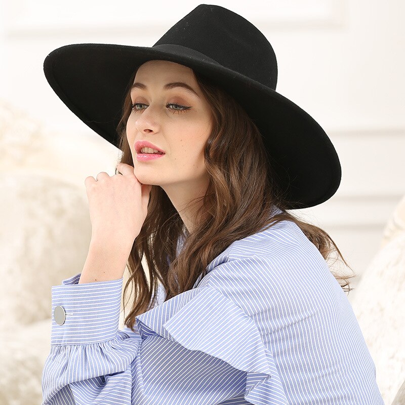 Men Fedora Hat Australia Wool Women's Hats 12cm Large Brim Woolen Hat for Classic Church Wool Felt Hat: black