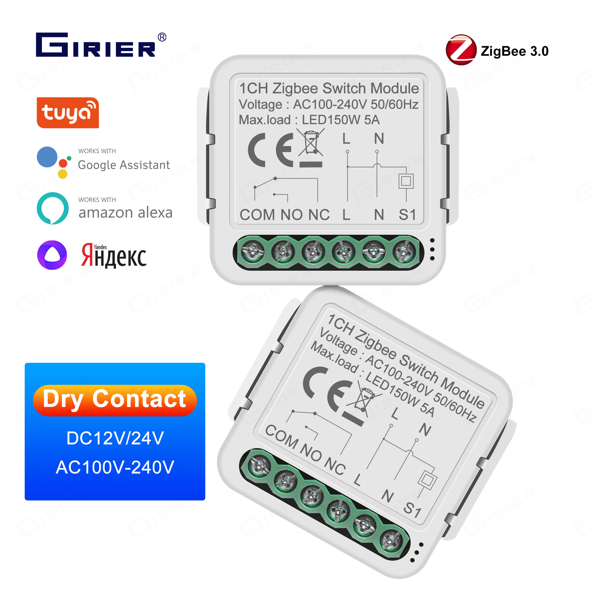 GIRIER Tuya Smart ZigBee Switch Modulo 5A Contatto a secco Interruttore universale Relè DC 12/24V AC 100-240V Funziona con Google Home Alexa