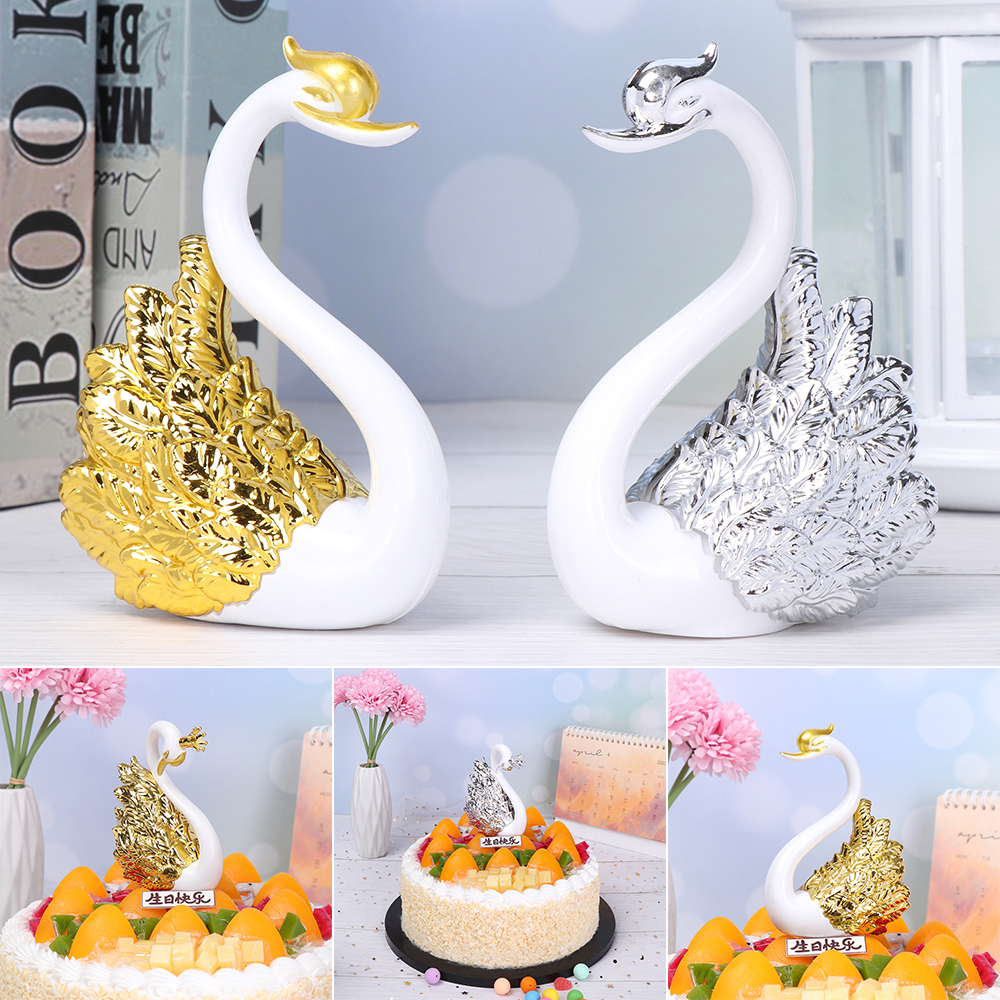 Décoration de gâteau avec plumes de cygne | Or, argent, ornement couronne de cygne, décoration de gâteau joyeux anniversaire forme de cygne, fournitures de gâteau de mariage, fête de la saint-valentin