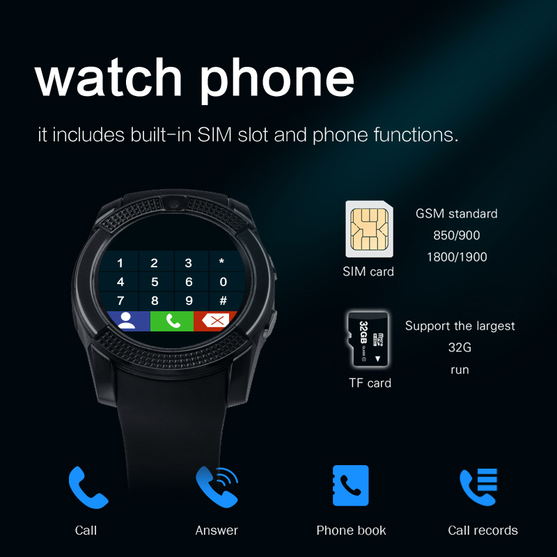 V8 montre intelligente carte sim hommes caméra arrondi réponse appel cadran appel Smartwatch android Fitness Tracker Sport