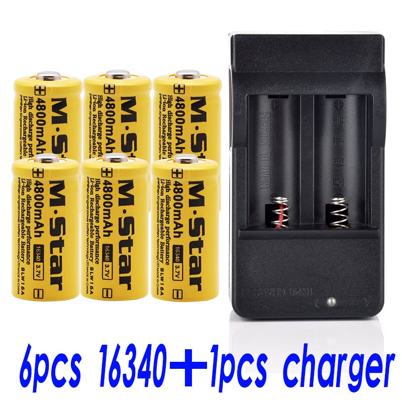 4800Mah Oplaadbare 3.7V Li-Ion 16340 Batterijen CR123A Batterij Voor Led Zaklamp Lader, reizen Voor 16340 CR123A Batterij: 6pcsandcharger
