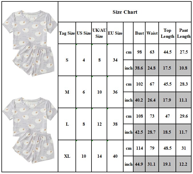 Women Print Short Sleeve Sleepwear Outfits Casual Tops + Shorts Set Lounge Wear