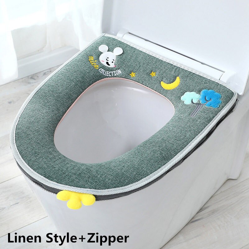 Home Four Seasons Toilet Cover Sitting Washer Washable Zipper Toilet Cover Universal Waterproof And Cute Toilet pad Plush/linen: Linen green mouse