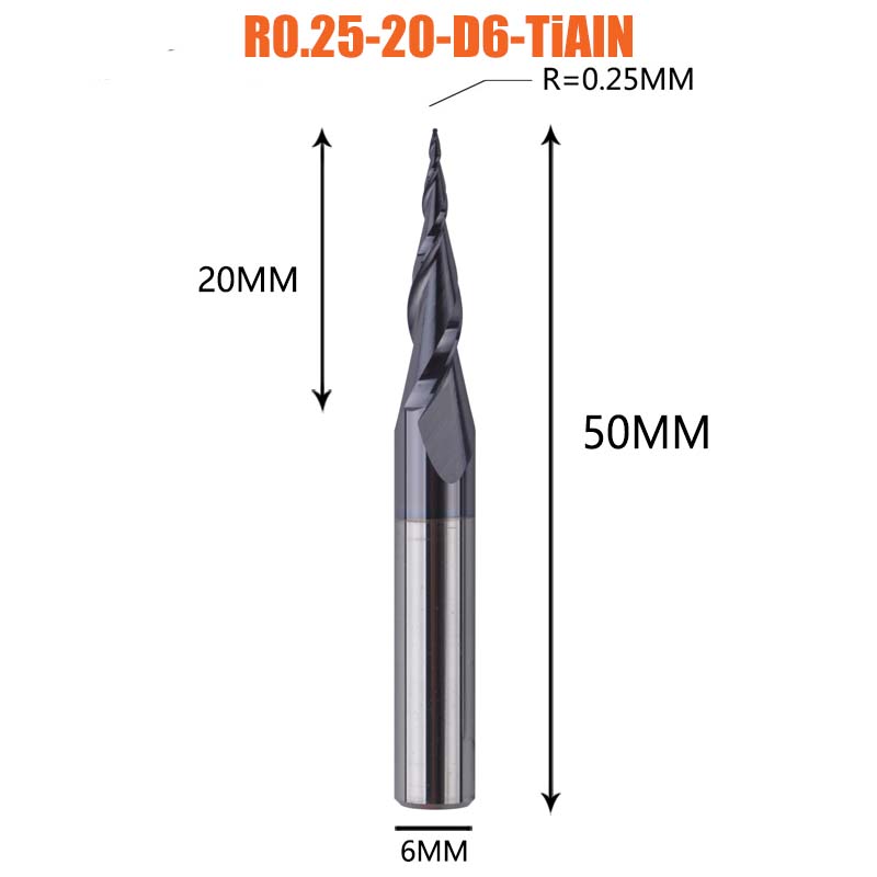 1 Pcs Tungsten Vhm Gecoate Taper Ball Nose Cnc Frezen Frezen Voor Hout En Snijders Voor Metalen end Mill: R0.25-20-D6