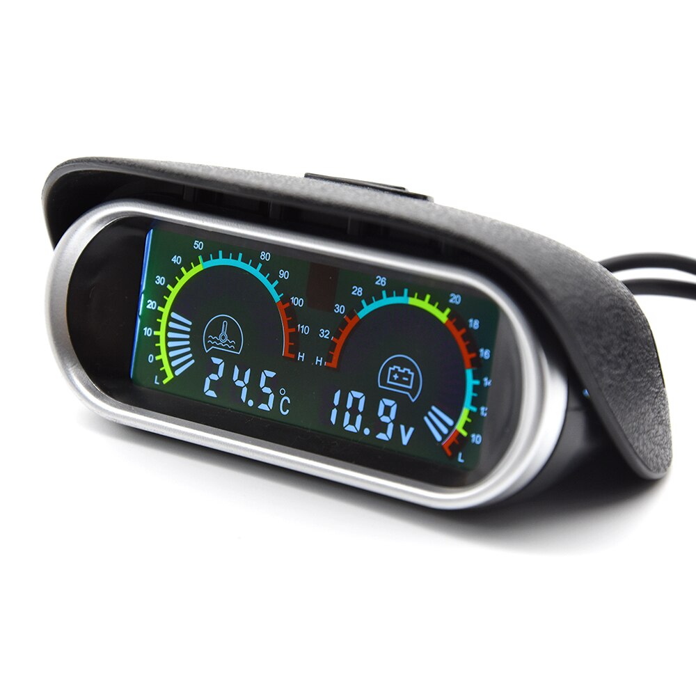 9-36V Car Truck Horizontal Gauge Water Temperature Voltmeter Voltage Gauge 2 In 1 LCD Digital Gauge with Temperature Sensor 10mm