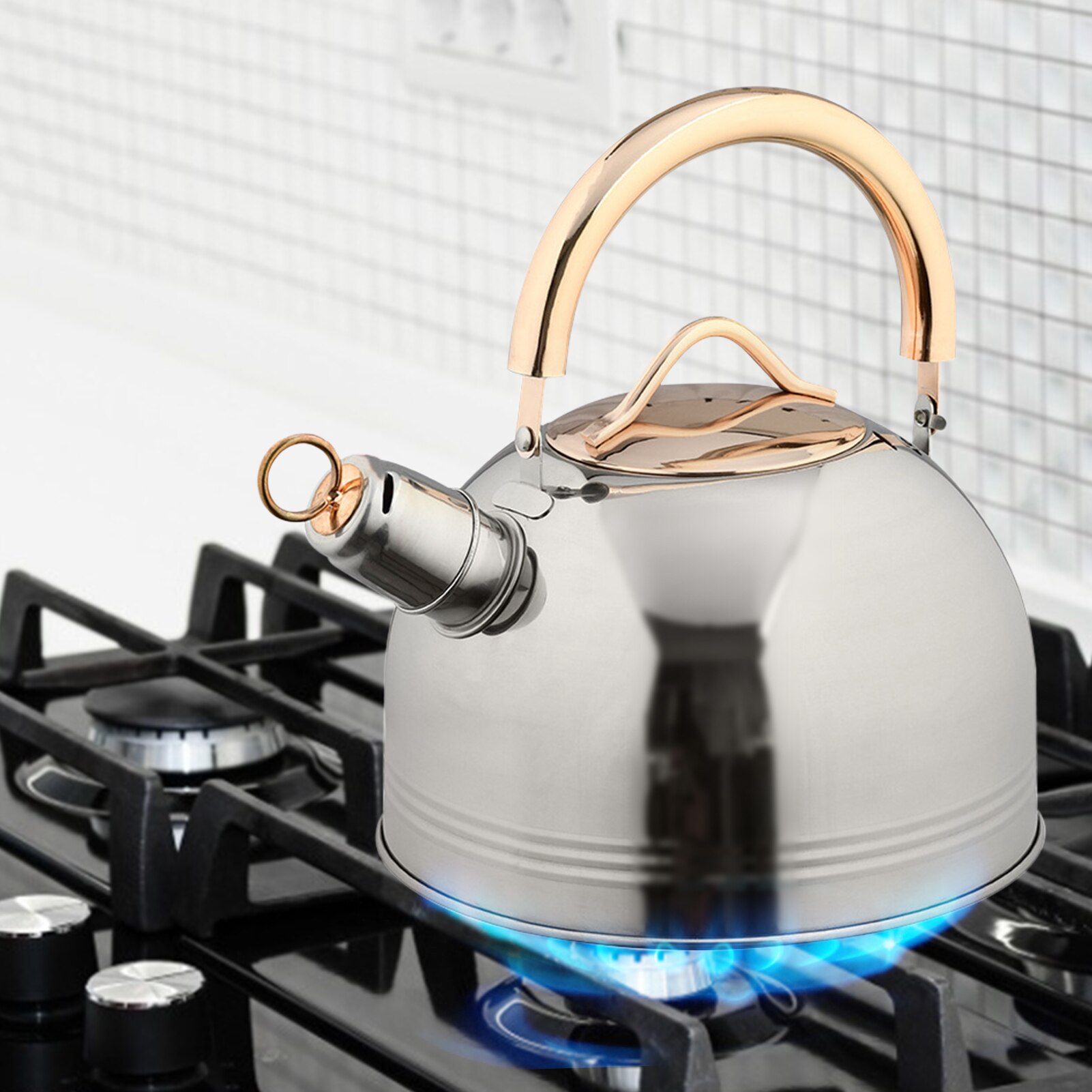 Högkvalitativ 3l rostfritt stål vattenkokare visslande vacker tekanna med guldhandtagslock