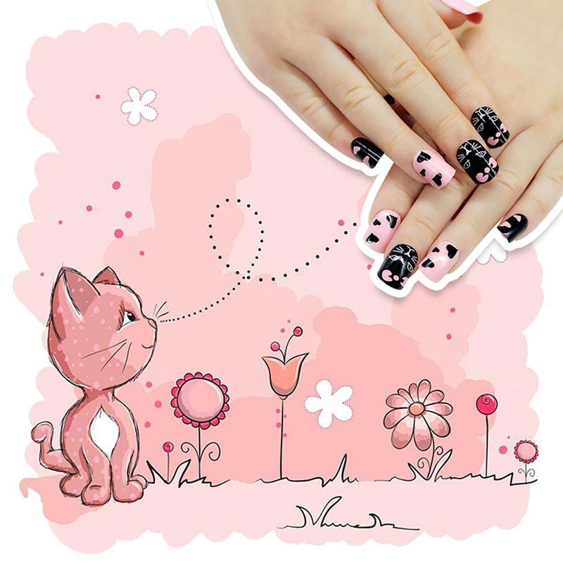 Boîte de faux-ongles courts à pression pour enfants, couverture complète, style différent avec un motif, 24 pièces/boîte, avec colle