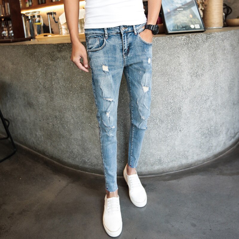 Atacado 2021 calças de moda masculina casual estudantes da escola rasgado apertado cowboy denim jeans men stretch adolescente calças para homens