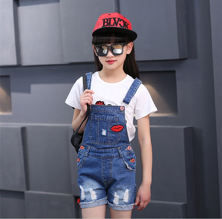Sommar barn flickor broderi jeans jeans shorts overall jumpsuit för tjej barn skoloveraller 5 6 7 8 10 11 12 år