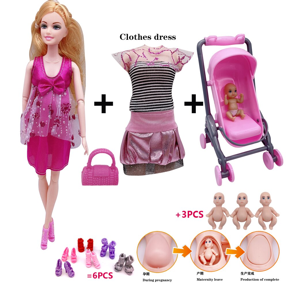 11.5 "/ 5" 2020 mais recente moda grávida barbies boneca mãe-criança combinação banheira + dupla cadeira de jantar crianças brinquedo plástico: Vermelho