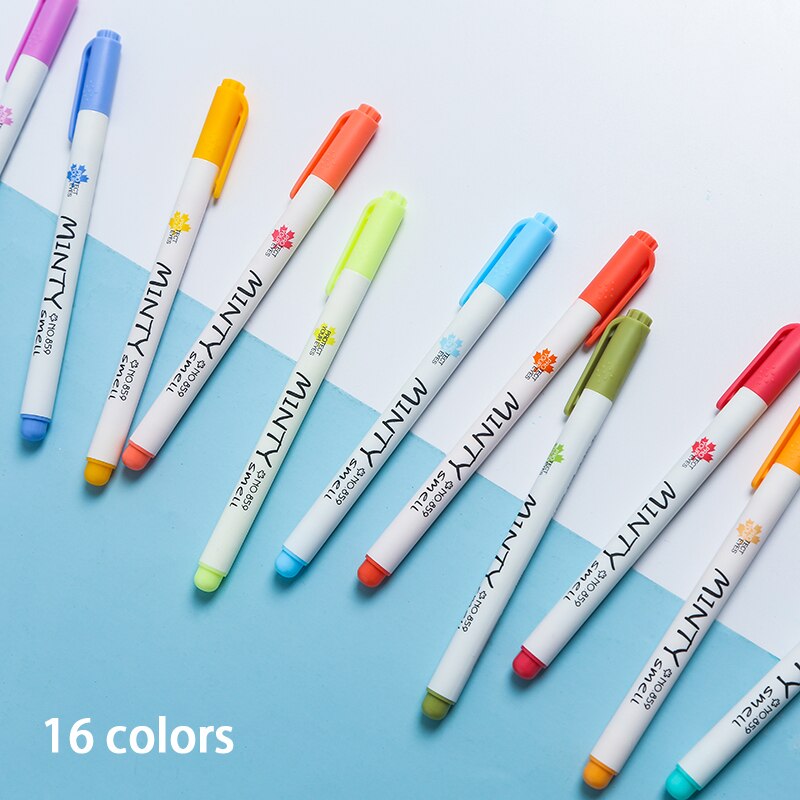 16Pcs/Set Mint Scented Highlighter Pen Soft Fiber Tip Markers Drawing Fluorescent Pen Student Cute Stationery