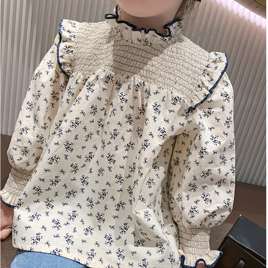 Ropa de manga larga para niñas pequeñas, Blusa de flores de primavera, camisas florales fruncidas, Top de estilo coreano
