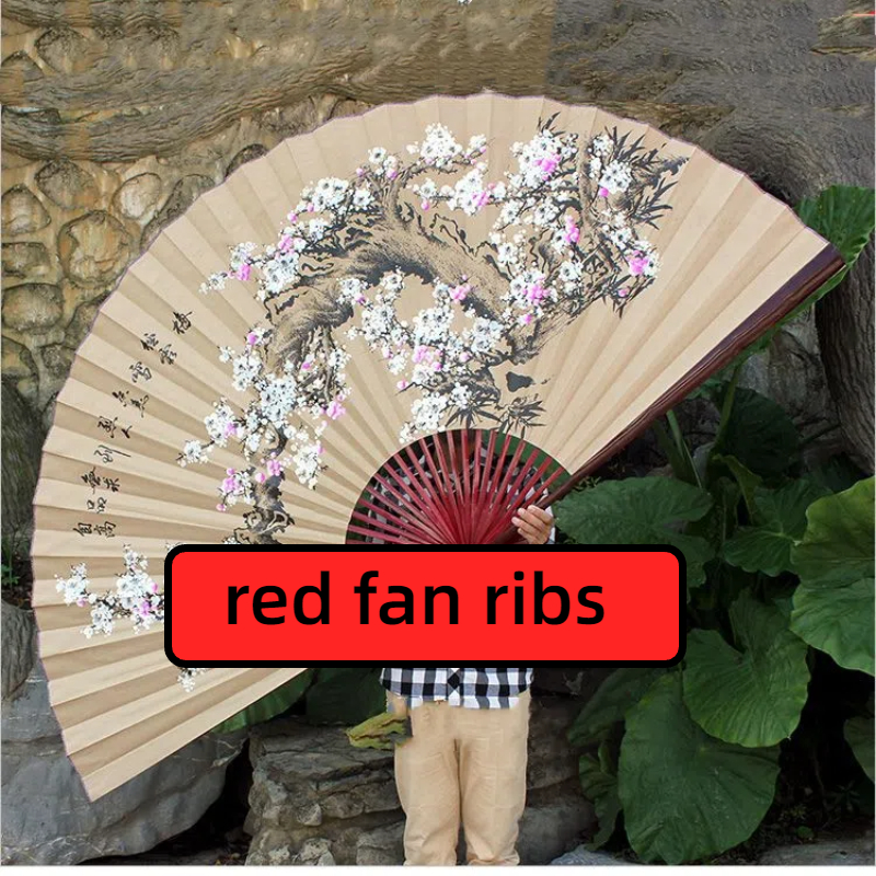 Wall Mount Decorative Paper Fan Large Classical Fan Retro Oversized Paper Fans Spring Festival Living Room Decorative Fans: Red fan ribs / 50x90cm