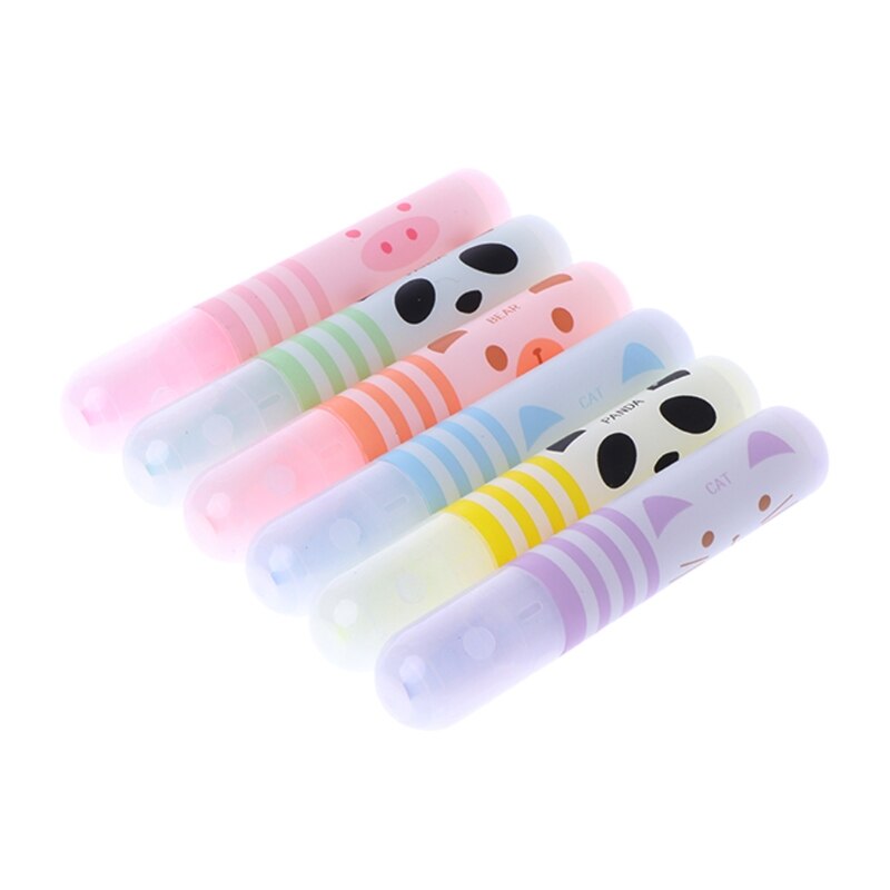 Set of 6 Cute Animals Panda Cat Mini Highlighter Paint Marker Pen Drawing Liquid Chalk Stationery School Office Supply
