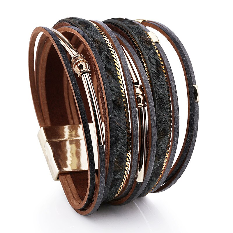 Leren armband dames meerlaagse brede polsband sieraden armband meisjes accessoires: Grijs