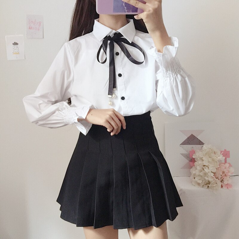 Leuke Boog College Wind Overhemd Vrouwelijke Flare Mouw Vrouwen Blouse Harajuku Uniform Shirt Lace Up Witte Blouses Vrouw Tops