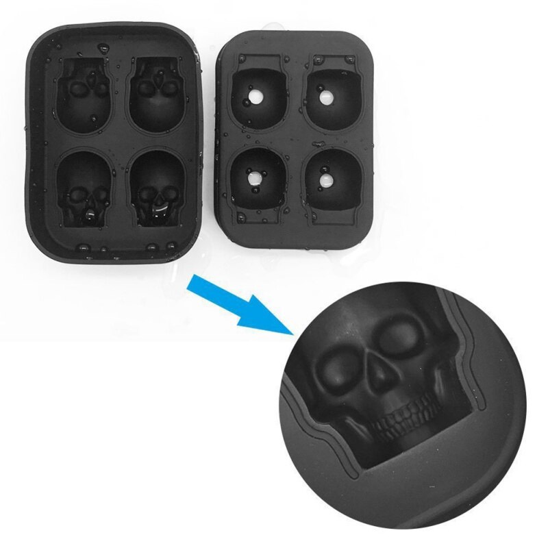 1pcs 3D Skull Flexible Silicone Ice Cube Mold Tray Makes Four Giant Skulls Round Ice Cube Maker Black: Default Title