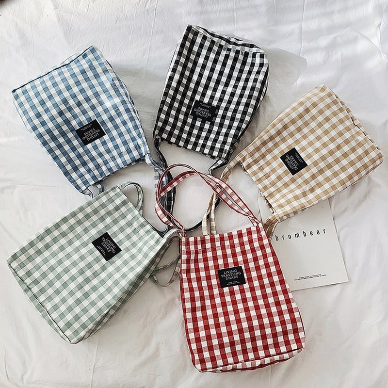 Mode Duurzaam Vrouwen Student Katoen Linnen Enkele Schoudertas Shopping Tote Check Plaid Vrouwelijke Vlas Canvas Boodschappentassen