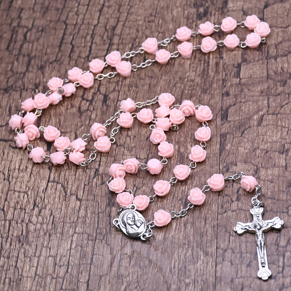 Della resina della rosa collana del rosario regalo fidanzato ah vergine maria croce di Cristo Cattolica Cristiana di cerimonia nuziale perline di preghiera