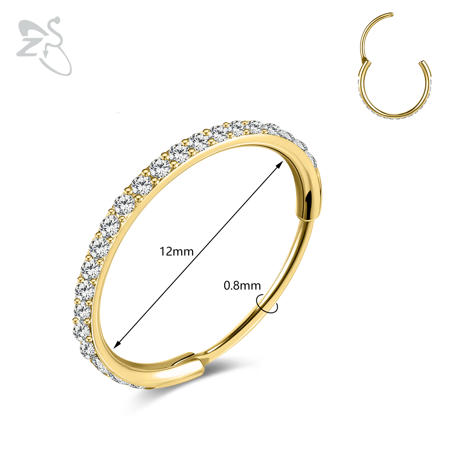 Zs 1pc runde krystal næse piercing sølvfarvet septum ring rustfrit stål næse clicker brusk piercing 20g kropssmykker: Forsølvede