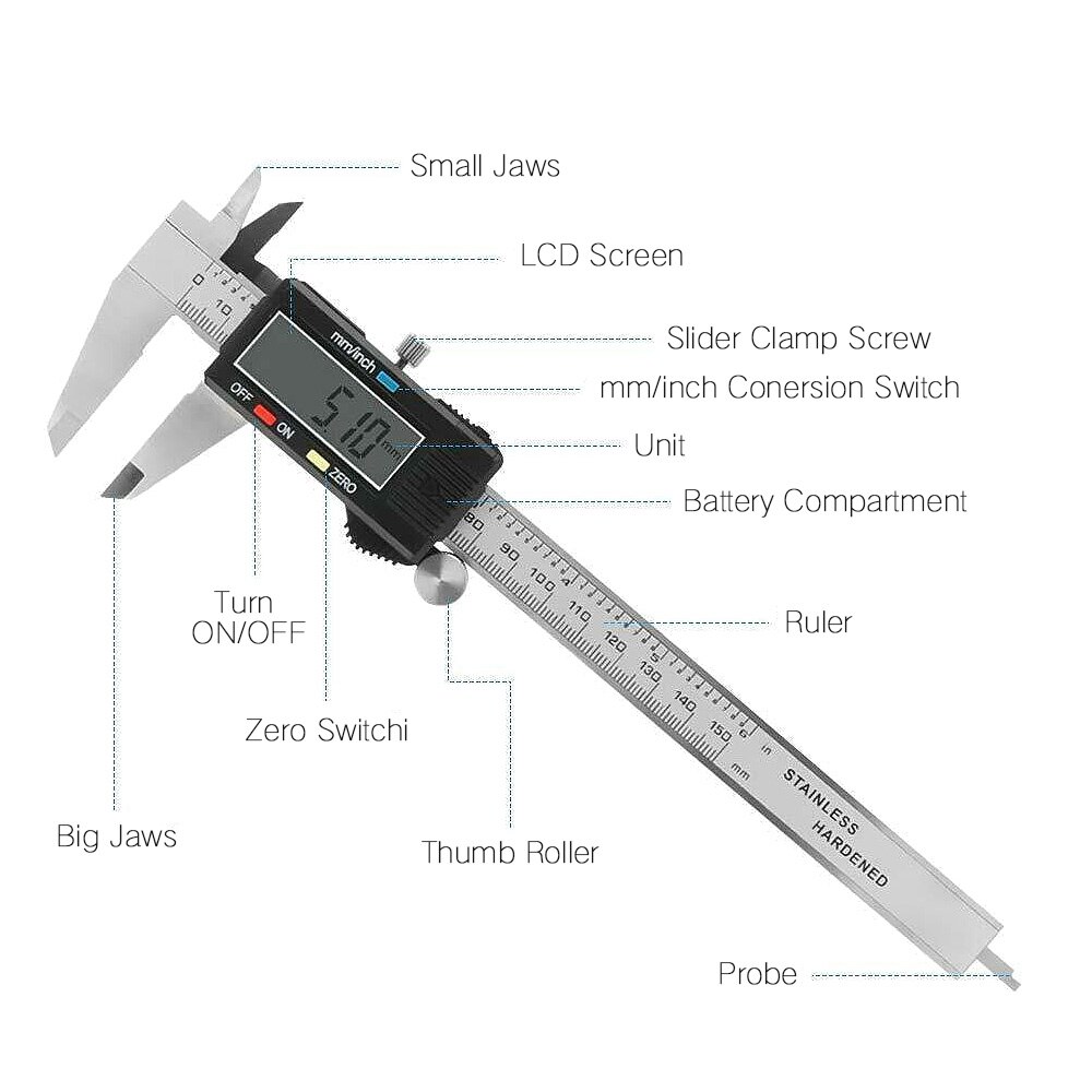 LCD Electronic Carbon Fiber Gauge Height Measuring Instruments Digital Vernier Calipers Measure 0-150mm 6inch Micrometer 0.1mm S