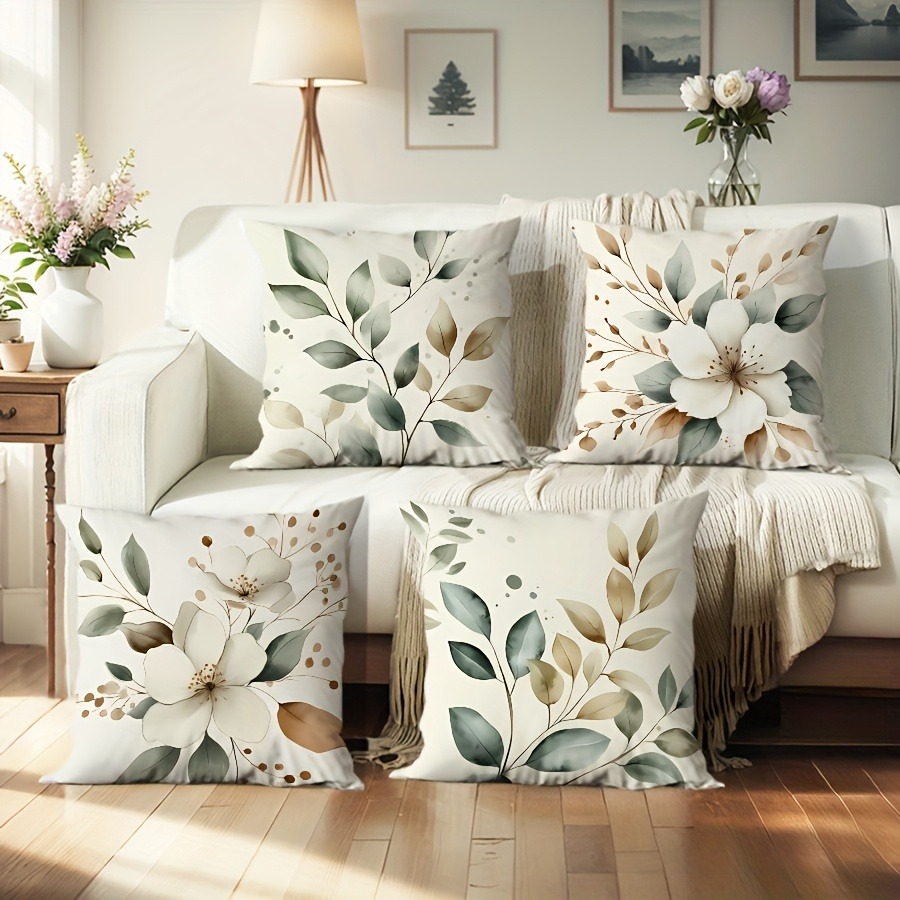 Naturlig pudebetræk i blad- og blomsterstil, soveværelse, stue, sofa, boligindretning, polyesterpudebetræk med lynlås