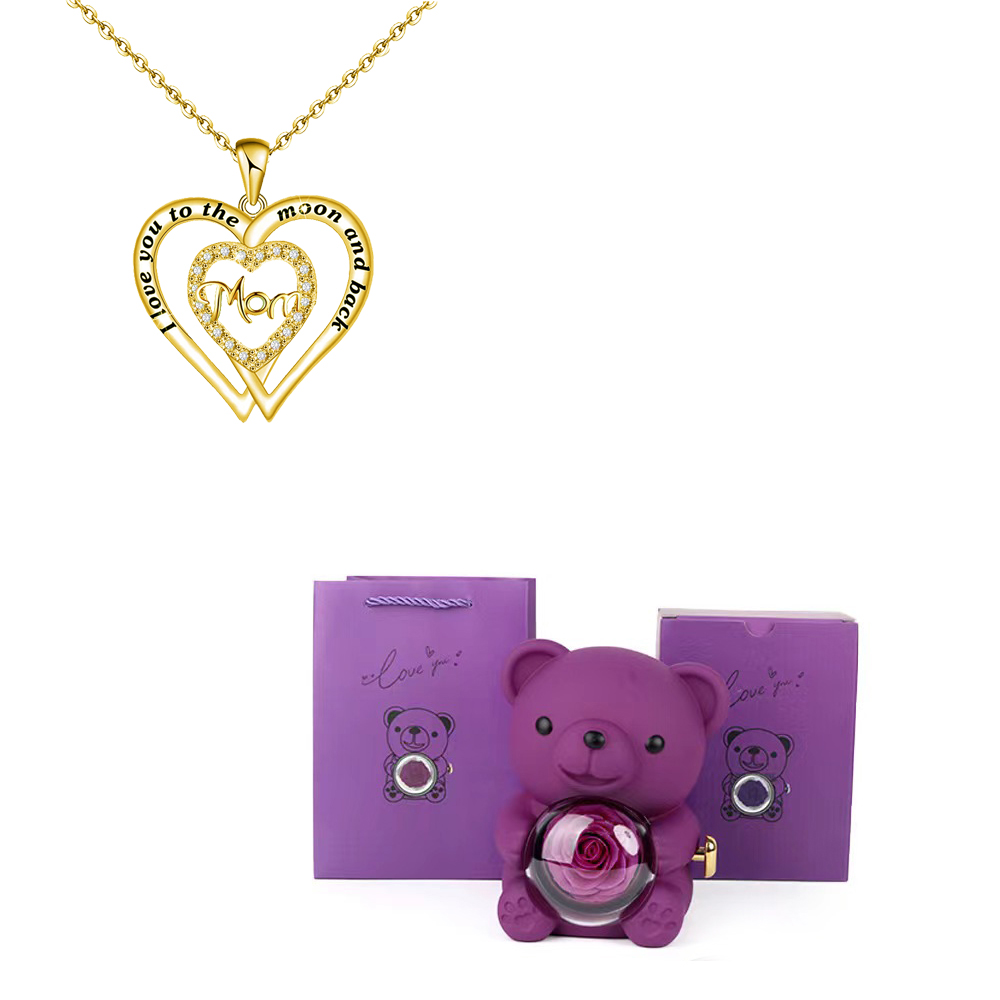 Collares con colgante de mamá de circón en forma de corazón con caja de de flor rosa de oso bonito adecuada para Navidad Día de la madre sorpresa romántica: Cobalto violeta