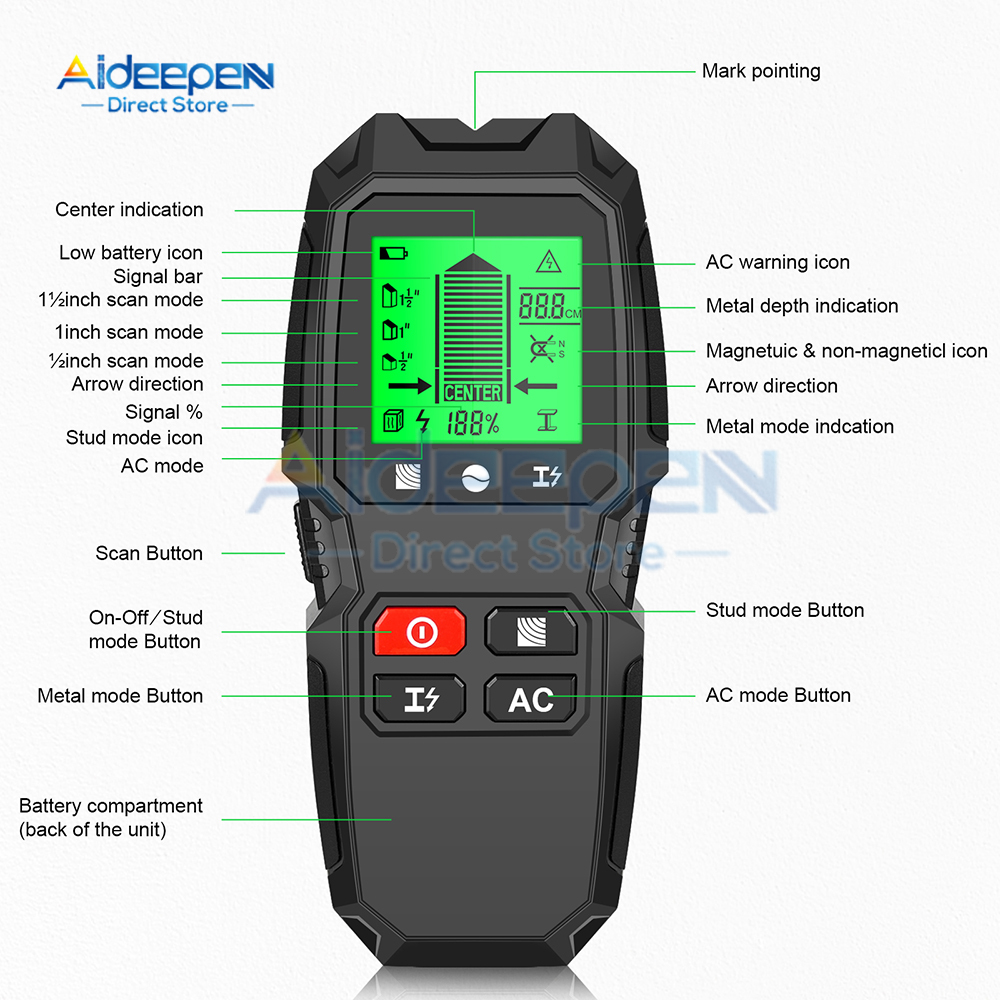 HW-QB6 Wall Stud Finder Sensor Wandscanner 5-in-1 LCD Elektronische detector Edge Center Houtstroom Metaal Live Draden Detectie