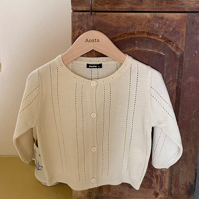 Peuter Baby Jongen Meisje Katoenen Vest Lange Mouwen Kinderkleding Lente Kid Gebreide Mesh Holle Dunne Jas: Creamy-white / 3T