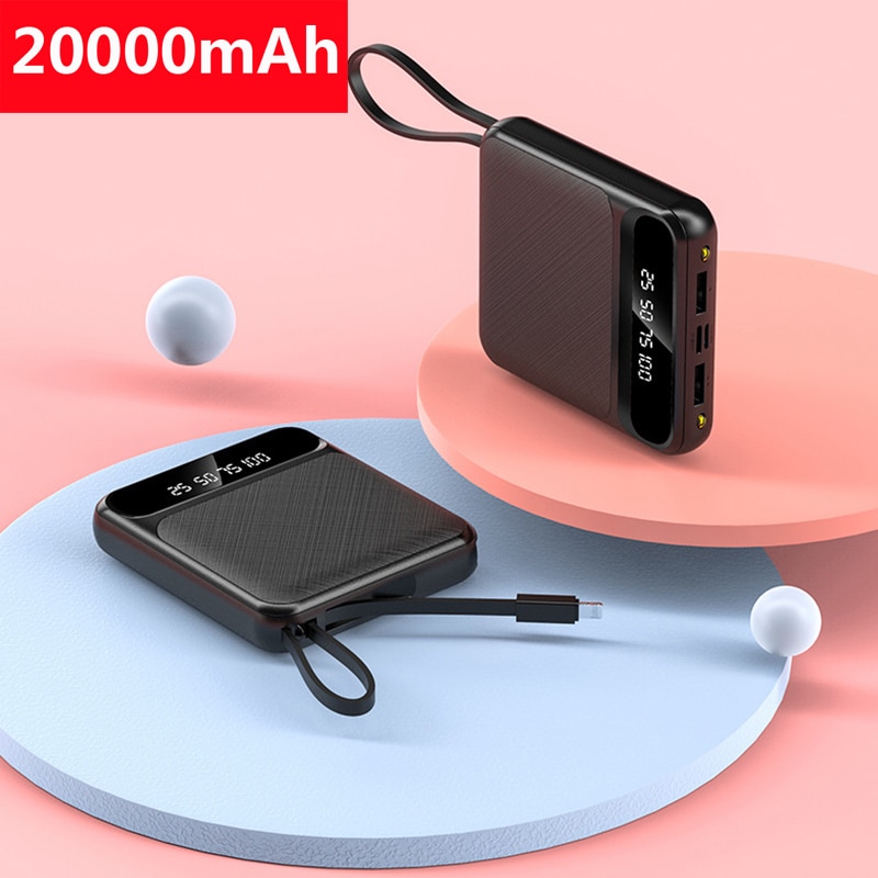 Mini Power Bank 20000Mah Ingebouwde Kabel Voor Android Ios Type-C Adapter Led Zaklamp Met Digitale Display draagbare Powerbank