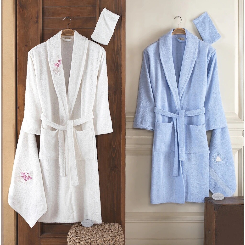 Pamulu 8 Piece Bathrobe Set robe bathrobe Set Family set Dear Set Women &#39;S towel Male towel simple pouch embroidery: Blue