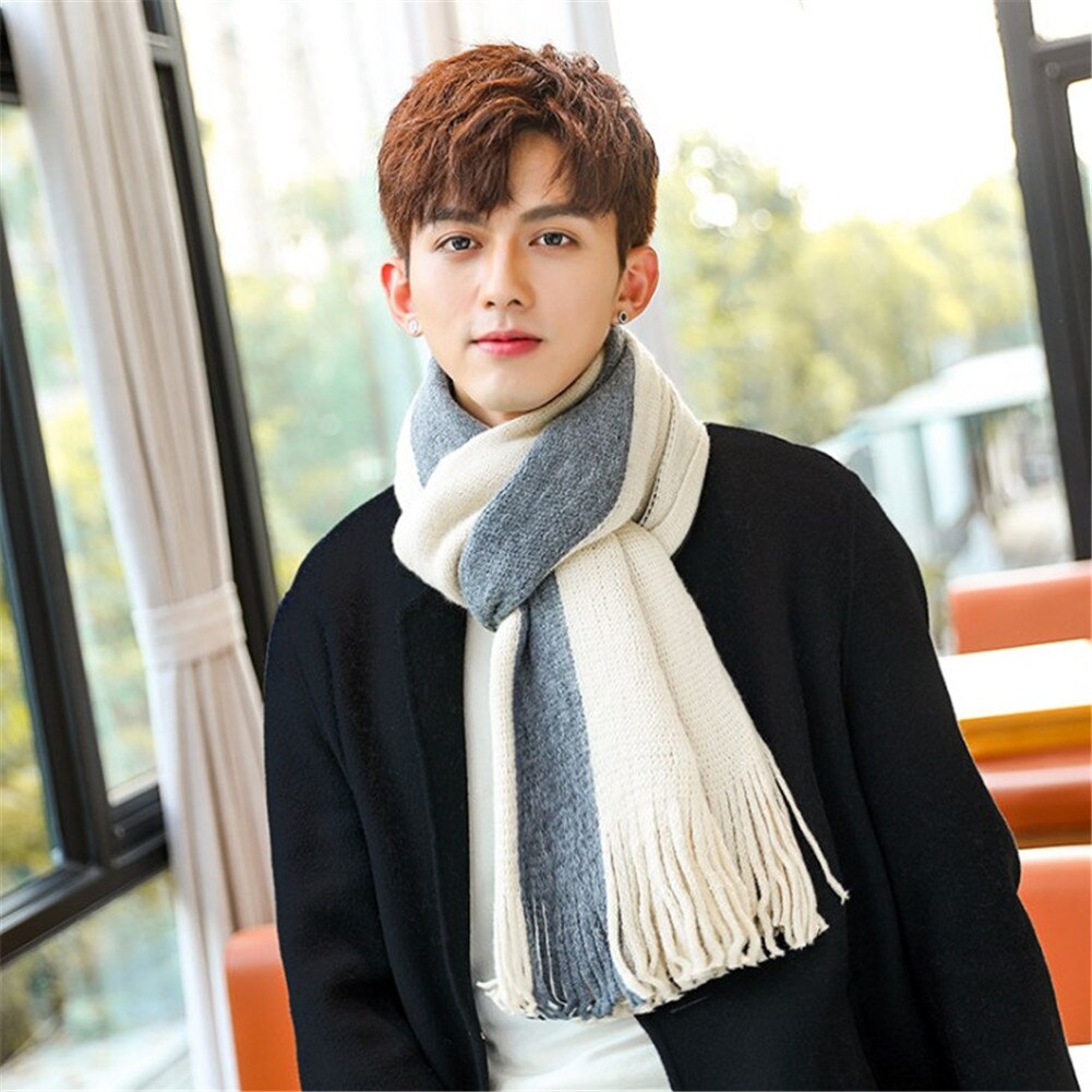 Men Scarves Winter Wool Scarf Striped 200Cm Long Scarves Wrap Knit Shawl Beige Striped Tassels Scarves