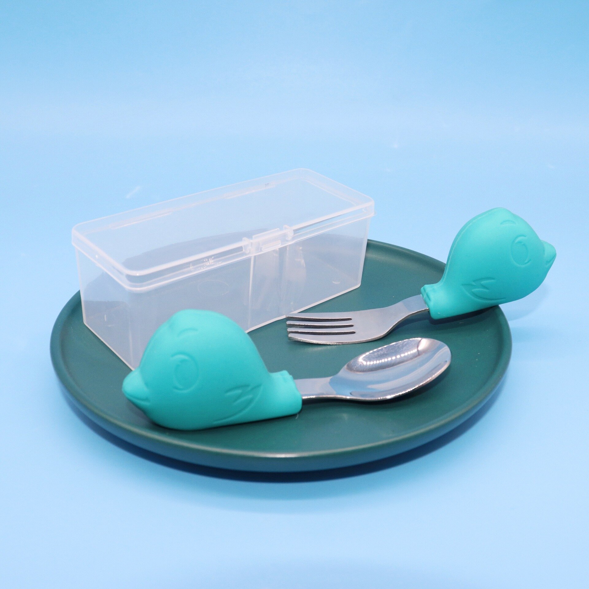 Babyservice lære at spise træning ske kort ske gaffelsæt spædbørnsservice fodergaffel baby gadgets børnebestik: Grøn angry bird skegaffel med opbevaringsboks