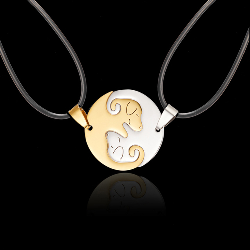 2pcs Personality Yin Yang Dog Couple Necklace Women Pair Pendant Matching Collar Stainless Steel Chain Stitching Jewelry: Steel color