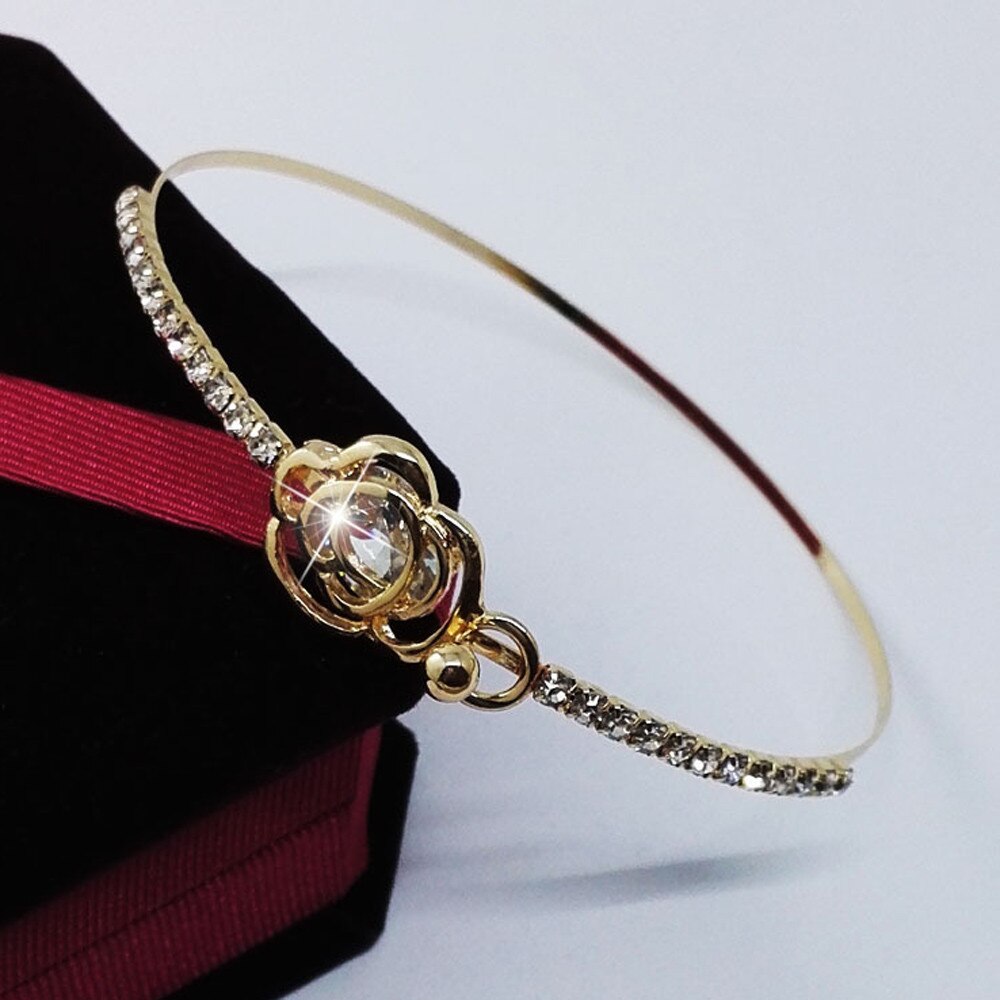 Pulseira de metal da menina de ouro elegante feminino cristal rosa flor pulseira pulseira de punho jóias para o dia dos namorados pulseras