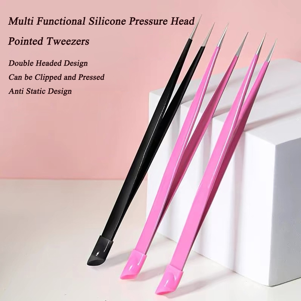 Pinzas de doble cabeza negras/rosas, herramienta de maquillaje de punta inclinada de acero inoxidable, cabezal de prensa de silicona para pegatinas de uñas, pinzas para pestañas
