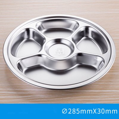 304 Stainless Steel Plate Round Shape Dining Restaurant Tray Thickened Round Separator Plate: 28.5cm Five Grid