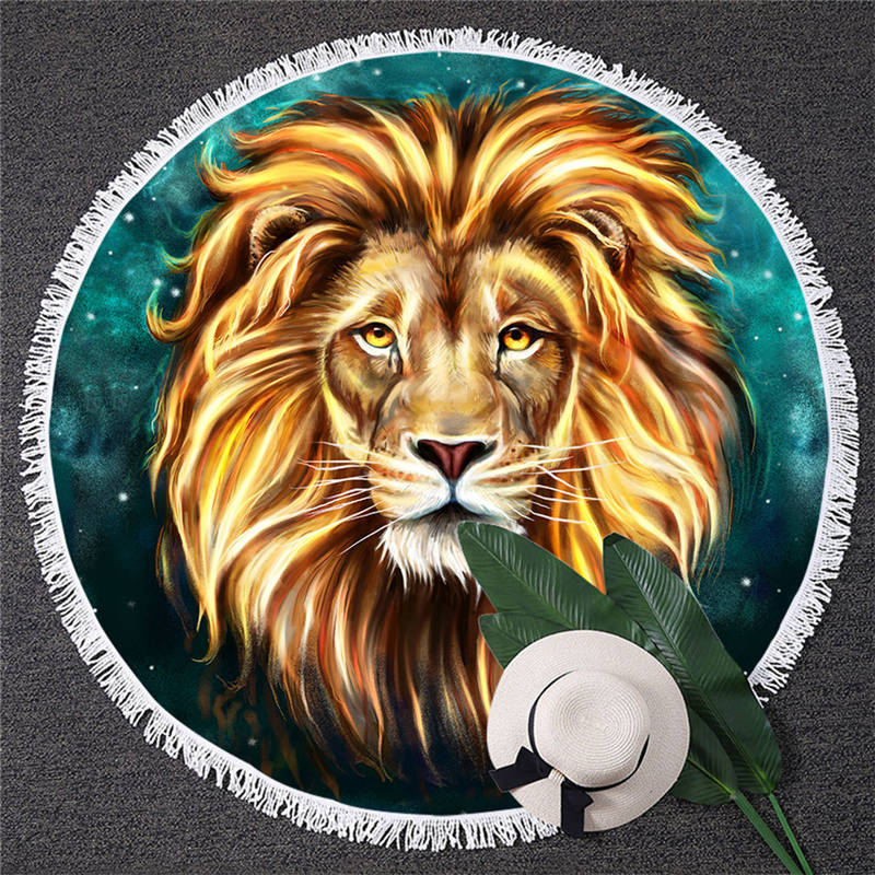 Blessliving mannelijke leeuw strandlaken ronde artistieke microvezel handdoek wilde dieren badhanddoek yin en yang strandmat playa toalla: 2