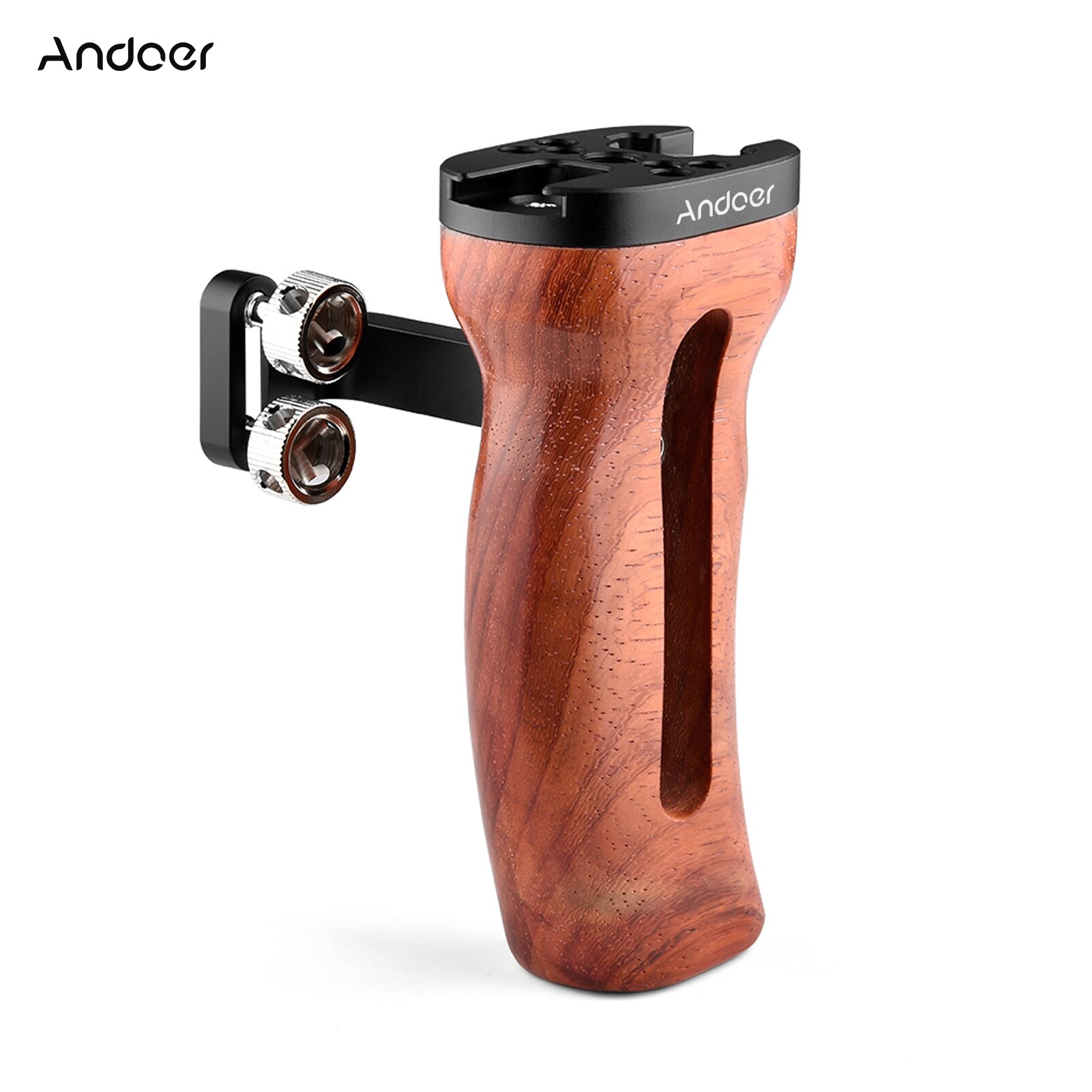 Andoer Universele Camera Kooi Houten Handvat Links/Rechts Hand Grip Met Koud Shoe Mount 1/4 Inch &amp; 3/8 inch Schroefgaten
