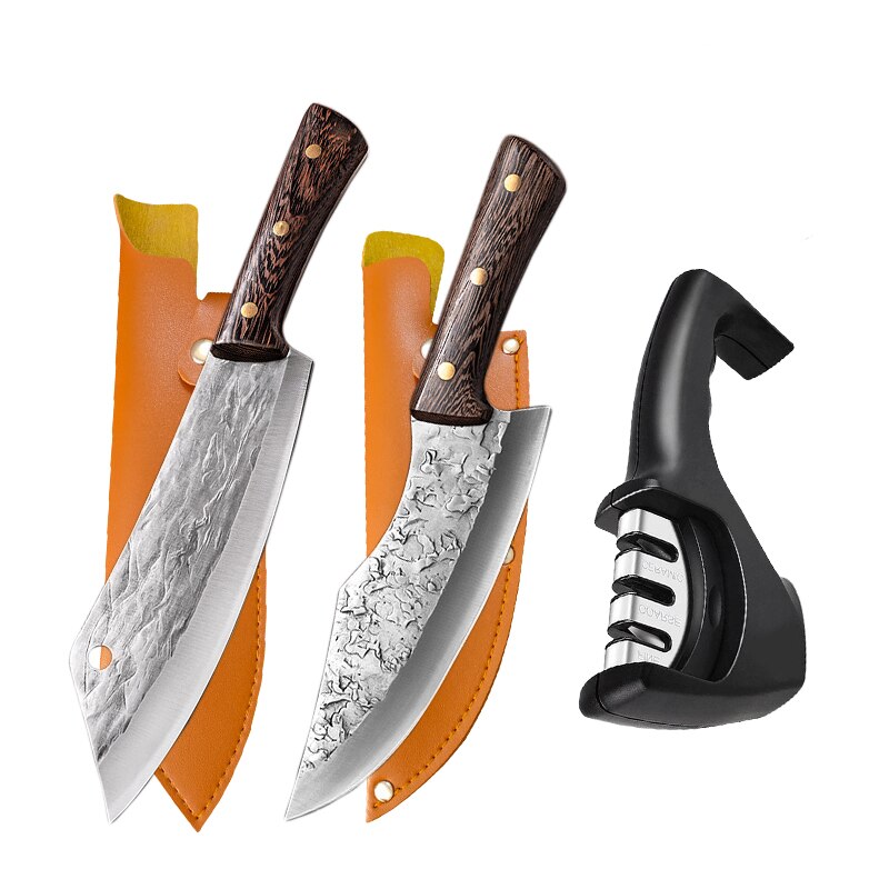 Chopping Knife Stainless Steel Full Tang Blade Wood Handle Sheath Cutting Slauughtering Meat Fish Boning Accessories Tools: 3PCS-4