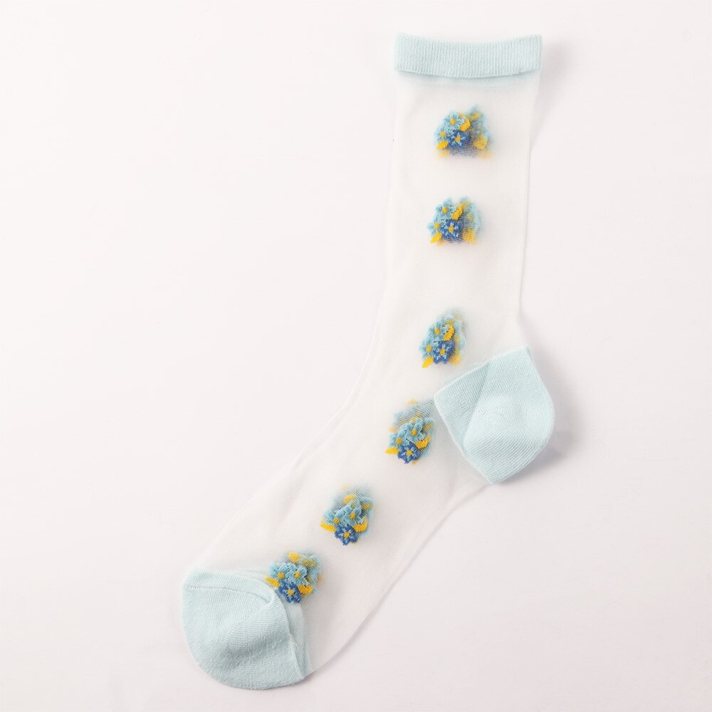 Ventilerande bomull sommar söt söt blomma strumpor nylon genomskinliga strumpor glas siden strumpor: Blå