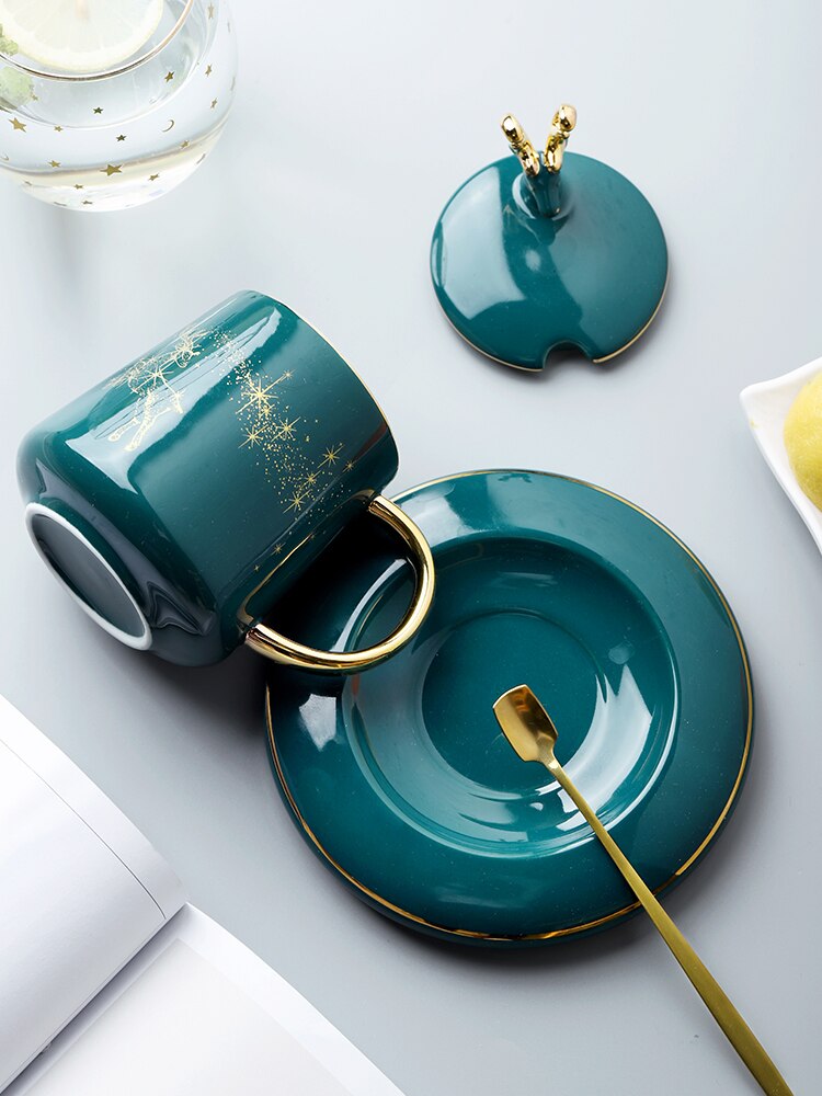 Green European Style Ceramic Cup and Saucer Set Reuseable Cappuccino Cup Filizanki Do Kawy Mug BD50CS