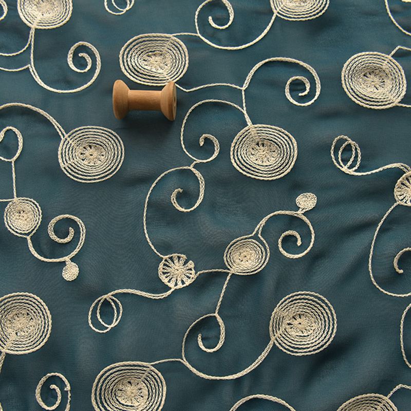 Dark green Chiffon tissu Rice white melon and rattan circle embroidery fabric High end clothing dress DIY fabrics