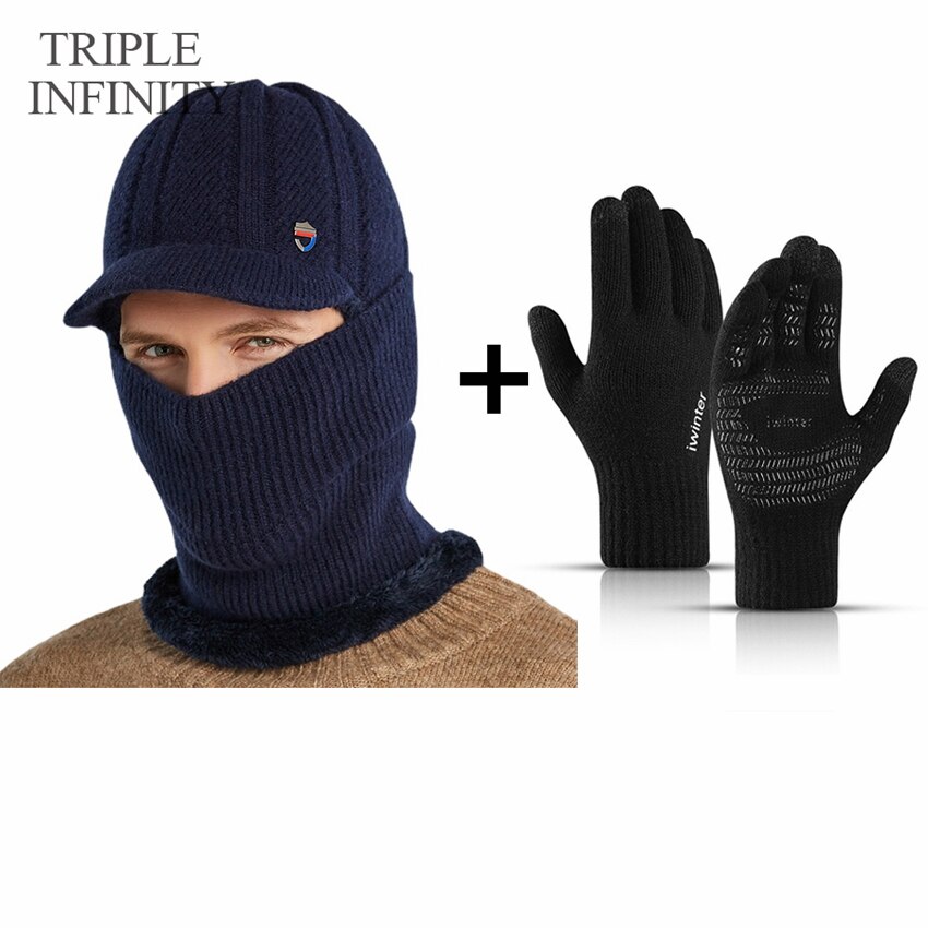 TRIPLE INFINITY Winter Men Knitted Hat Thick Windproof Dust-proof Sun Visor Hats Outdoor Cycling Warm Bonnet Male Baseball Cap: Winter Warm Set E