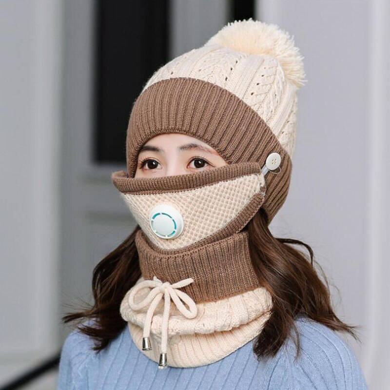 Winter Hoed & Sjaal & Masker Voor Vrouwen Warm Mutsen Ademen Sjaal Pompoms Gebreide Caps En Sjaal Masker 3 stuks/set