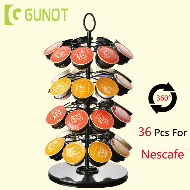 GUNOT Koffiecapsulehouder - 32 Capsules - Draaibaar Metalen Rek - Incl. Borstel & Lepel