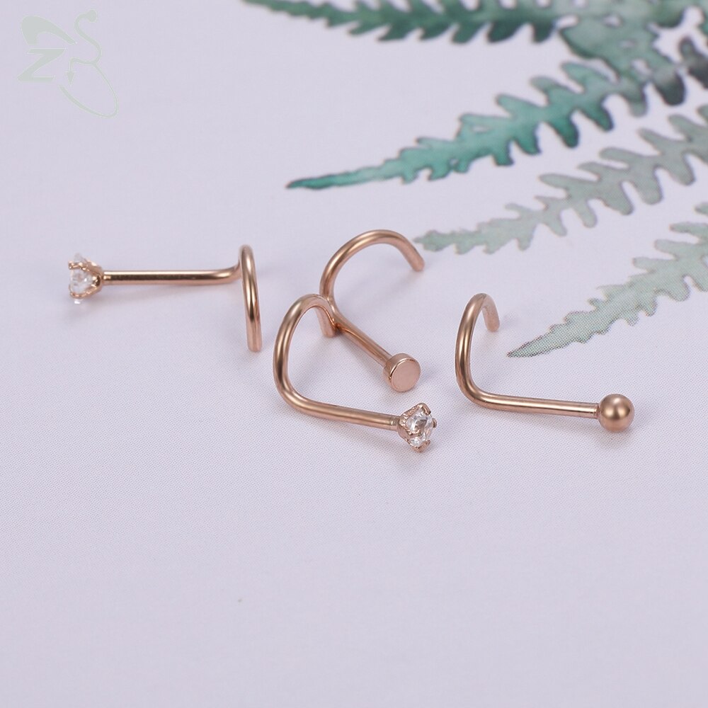 ZS 4PC/Lot Rose Gold 5-Shape Nose Stud with Round&Square Cubic Zircon for Women Shinning Crystal Nose Piercing Jewelry Accessory