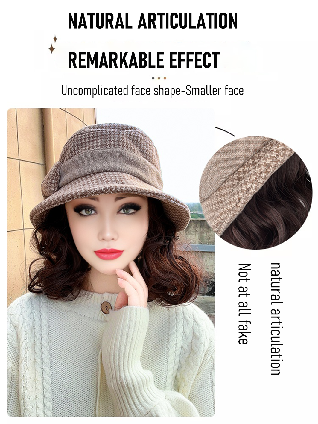 Synthetic 6inch plaid fisherman hat short curly hair wig brown princess curly roo cold warm horse roll Christmas