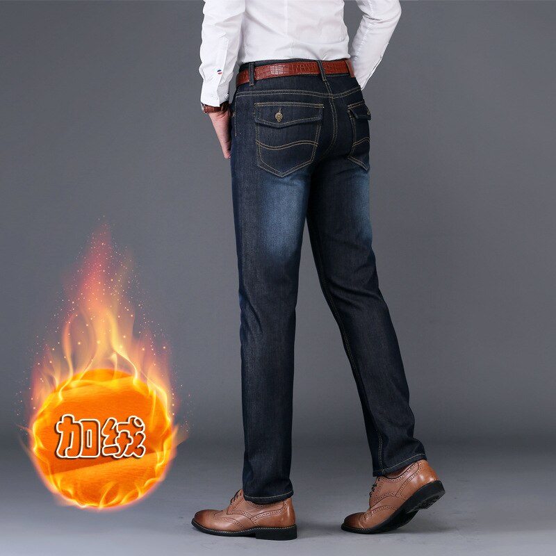 Mærke herre vinterstræk tykkere jeans varm fleece denim biker jean bukser størrelse 28-38